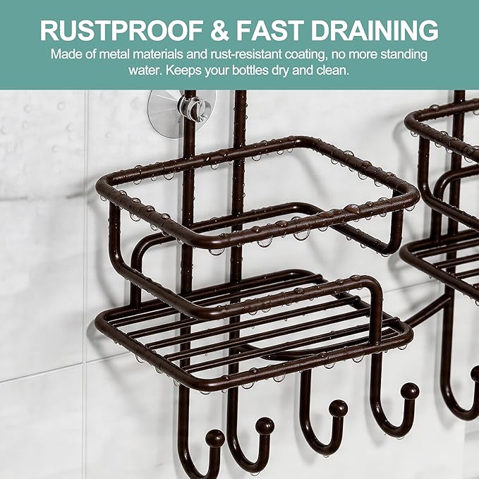 SRIWATANA Shower Caddy Organizer Hanging Over Head, Bathroom Shower Rack Hanger with Hooks for Razors - Bronze