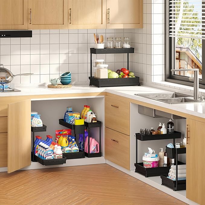 Sevenblue 3 Pack Multi-Purpose Pull-Out Storage Organizers, 2-Tier L-Shaped Under Sink/Cabinet Organizers and Storage for Bathroom & Kitchen, (Black, 12.85 Inches)