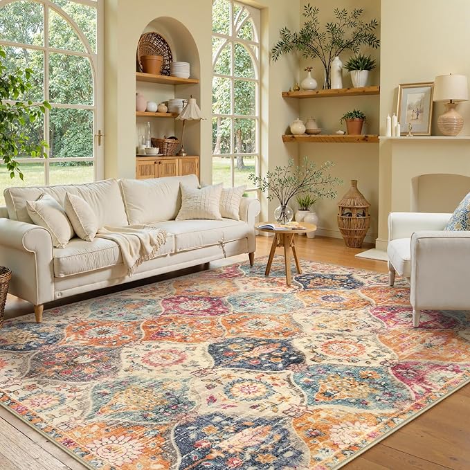 Lahome Moroccan Trellis Washable Area Rugs 5x7, 5x7 Area Rugs for Living Room Bedroom, Indoor Non-Slip Large Oriental Throw Carpet for Kitchen Entryway Bathroom Office Elise, Cream/Multi