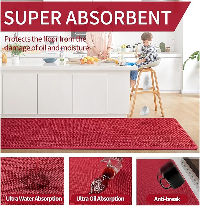YDKGL Kitchen Mats for Floor, Super Absorbent Kitchen Rugs Non Slip Washable, Soft Imitation Linen Braided Kitchen Runner Rug, Standing Mat Kitchens Sink Mat, Easy to Clean, Red 17x47