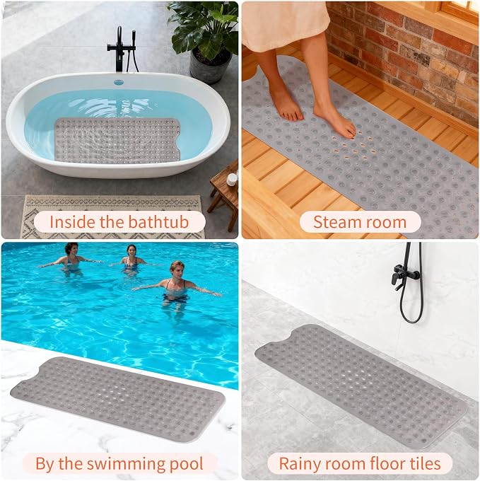 Anti-Slip Bathtub Shower mat, 40×16 inch（ 100 × 40cm） Soft Oversized Machine Washable Non-Slip Bathtub mat with Drainage Holes, Bathroom Floor Suction Cup.（1-Clear Gray）