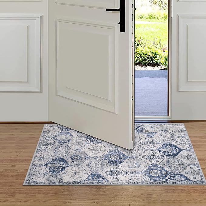 Lahome Moroccan Trellis Washable Rug, 2x3 Kitchen Rugs for Entryway Bathroom, Non-Slip Indoor Door Mat Ultra-Thin, Small Oriental Throw Carpet for Bedroom Entry Elise, White/Royal Blue