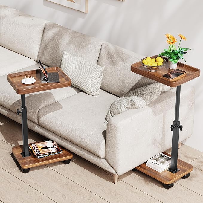 C Table End Table Adjustable Height, 360°Swivel TV Tray Table for Small Spaces, Side Tables with Wheels for Living Room and Bedroom, Bed (Walnut)