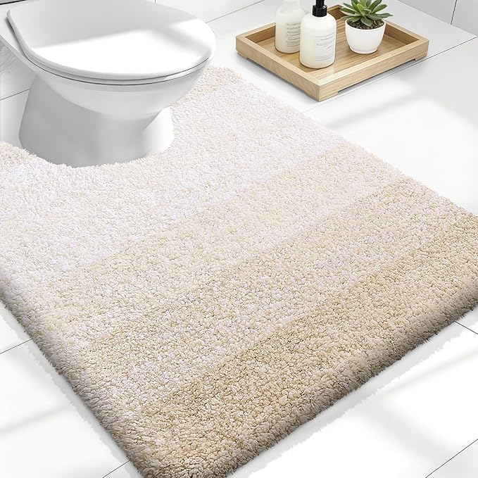OLANLY Luxury Toilet Rugs U-Shaped 24x20, Extra Soft and Absorbent Microfiber Bathroom Rugs, Non-Slip Plush Shaggy Bath Mat, Machine Wash Dry, Contour Bathroom Mats for Toilet Base, Light Beige