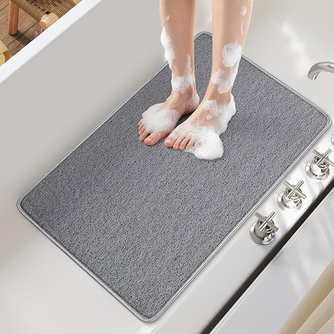 Non Slip Shower Mat Bathtub Mat 16x24 Inch, Quick Dry Bath Mat with Drain, Soft PVC Imitation Loofah Foot Scrubber Bath Mats for Bathroom Tub Shower Floor, Hangable & Hook Included, Gray