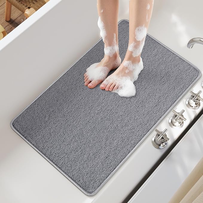 Non Slip Shower Mat Bathtub Mat 20x32 Inch, Quick Dry Bath Mat with Drain, Soft PVC Imitation Loofah Foot Scrubber Bath Mats for Bathroom Tub Shower Floor, Hangable & Hook Included, Gray