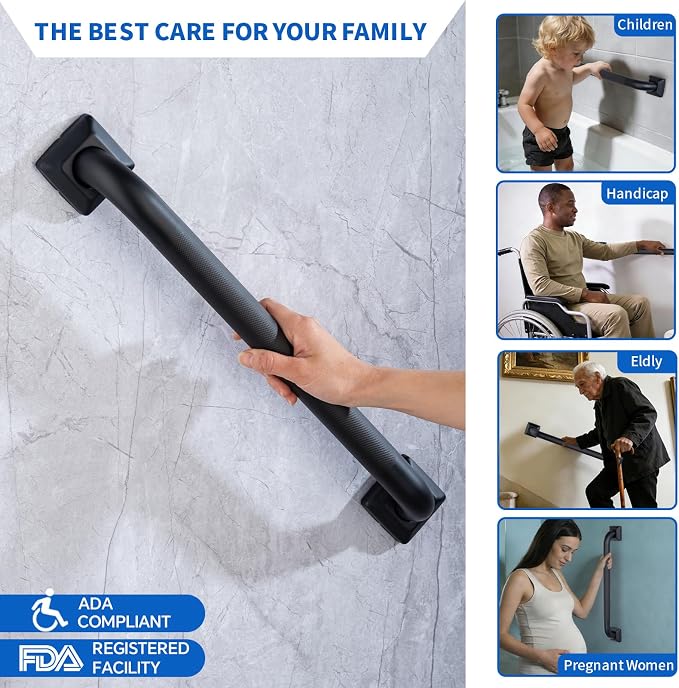 Bathroom SafetyGrab Bars for Elderly Seniors,Anti-Slip Shower Handles Toilet Grab Bars,High Weight Capacity,Wall Mounted Grab Bars for Bathtub Shower,Black Grab Bars (Black Knurled, 18-inch Grab Bar)
