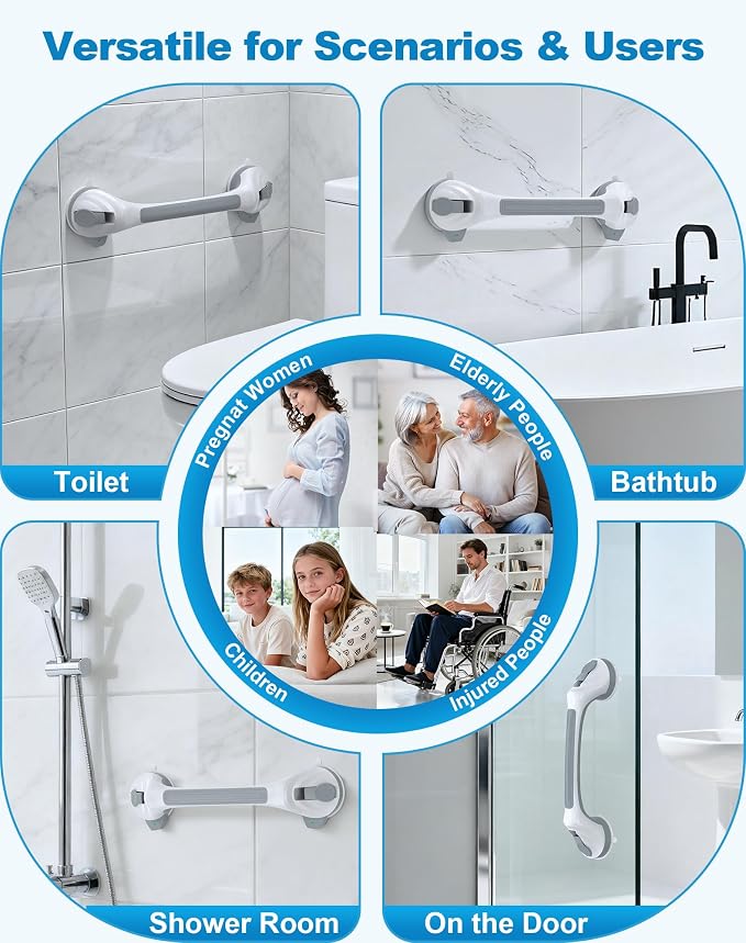 Grab Bars for Shower, 16.7" Shower Grab Bars for Seniors, Heavy Duty Suction Cup Shower Handle with Safety Indicators, No-Drill Anti-Slip Bathroom Shower Bars for Elderly & Handicap, 2 Pack