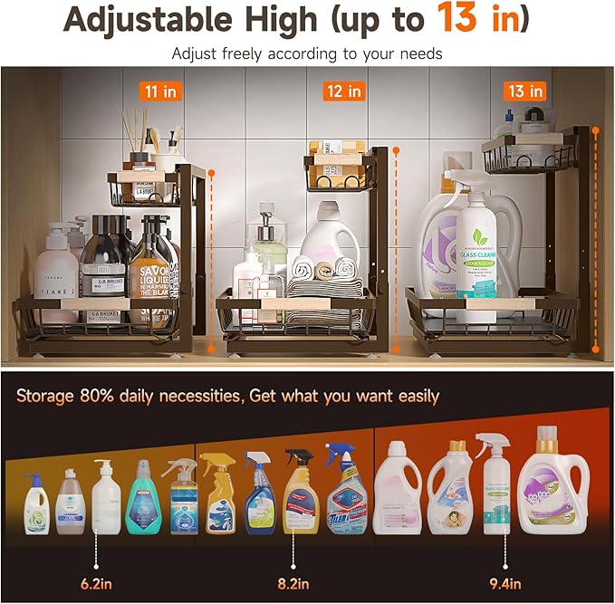 Sevenblue 2 Packs Under Sink Organizer, Height Adjustable 2 Tier Under Kitchen Sink Organizer, Multi-Purpose Storage Shelf for Kitchen Bathroom Cabinet (Brown, Large)