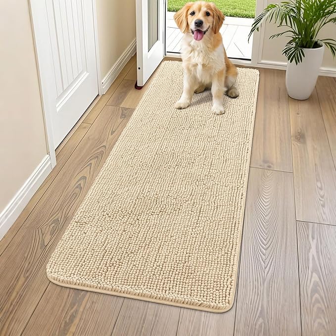 Smiry Dog Door Mat for Muddy Paws 59x20, Absorbent Dirt Trapper, Non-Slip Washable Chenille Entryway Rug for Inside Floor, Beige, Classic Solid