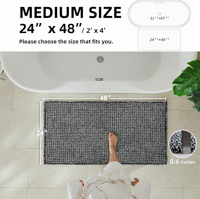 TYUU Black and White Bathroom Rugs, Waffle Bath Mat Non Slip Washable Super Absorbent Quick Dry Boho Farmhouse Bathroom Decor, 48"x24" Black and White
