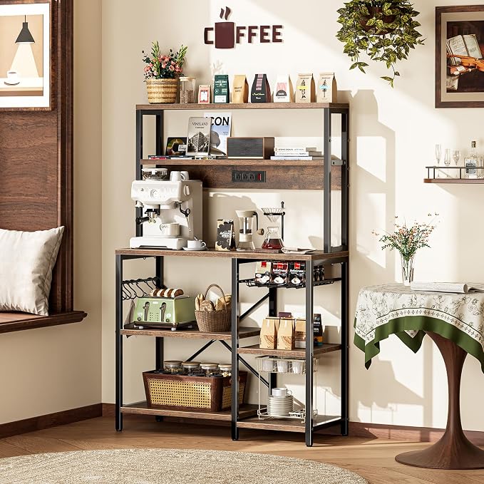 SUPERJARE Bakers Rack with Power Outlet, 35.4 Inches Coffee Bar with Wire Basket, Kitchen Microwave Stand with 6 S-Shaped Hooks, Open Storage Shelves, Rustic Brown