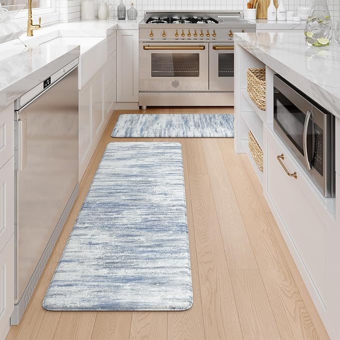 KIMODE Anti Fatigue Kitchen Mat, 20"x47"+20"x32" Boho Abstract Kitchen Rugs Sets of 2, Non-Slip Kitchen Mats for Floor, Cushioned Kitchen Floor Mats for Sink Laundry Office Desk Multi-Blue