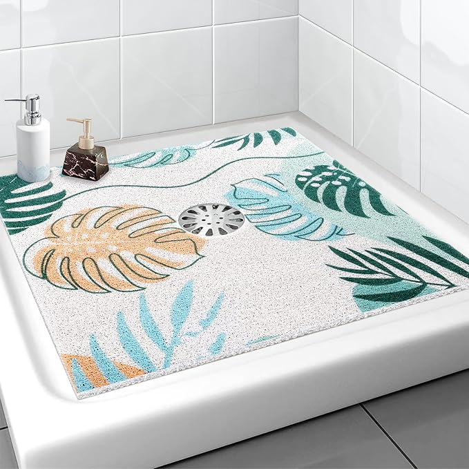 Square Shower Mat, Yonala 32 x 32 Inch Stylish Non Slip Shower Mats for Inside Shower with Central Drain Hole, Soft Trimmable PVC Loofah Anti Slip Shower Mat for Walk in Shower Stall, Quick Drying
