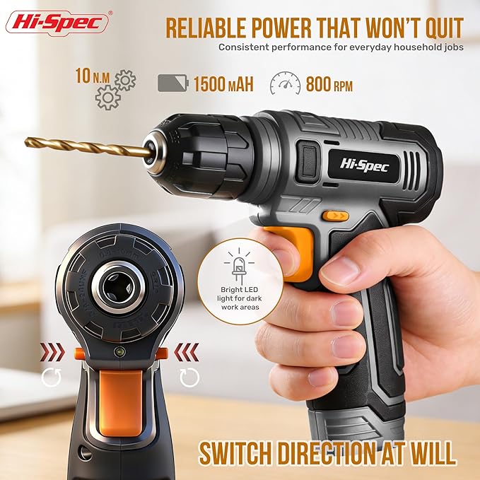 Hi-Spec Tool Kit with 8V Cordless Drill Set. Complete DIY Tool Set for Essential Everyday Home Repair & Maintenance. USB Rechargeable Electric Drill in a Compact Toolbox Case.