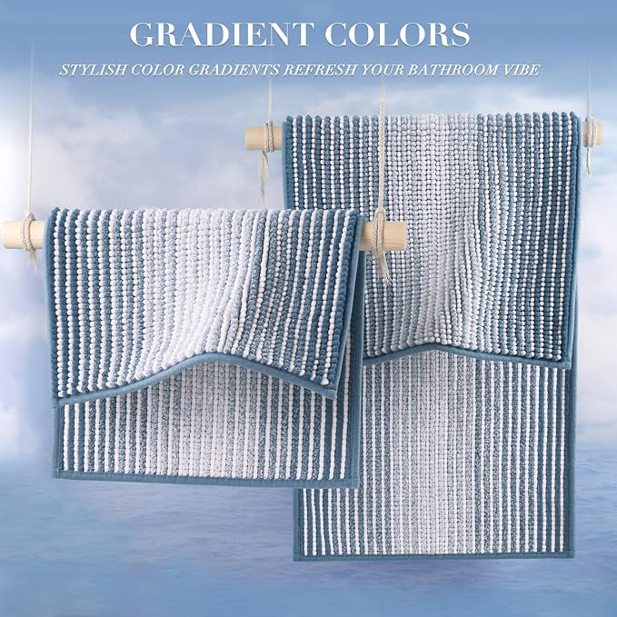 BSICPRO Bathroom Rugs and Mats Sets, 2 Piece Thick Absorbent Chenille Bath Mat Rug Set Non Slip, Soft Shaggy Bath Room Floor Mats for Bathroom, Machine Washable (Fog Blue, 24" x 70" Plus 20" x 32")