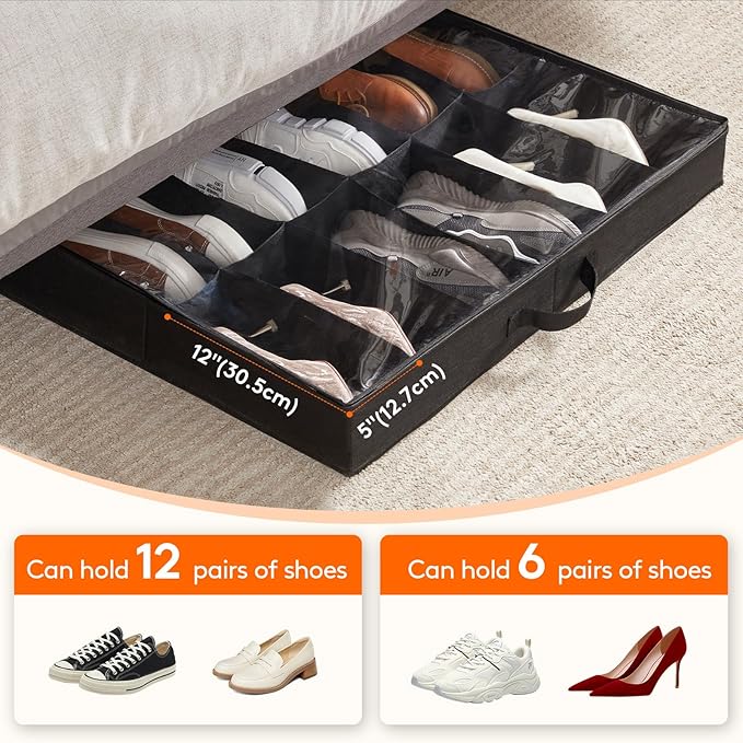 Lifewit Under Bed Shoe Storage Organizer 2 Pack(12 Shoes Cells+4 Boots Cells), 4.3 Inches Profile Fabric Shoes Container Box with Clear Cover, Foldable Storage Bag with 2 Handles, Fits 20 to 32 Pairs