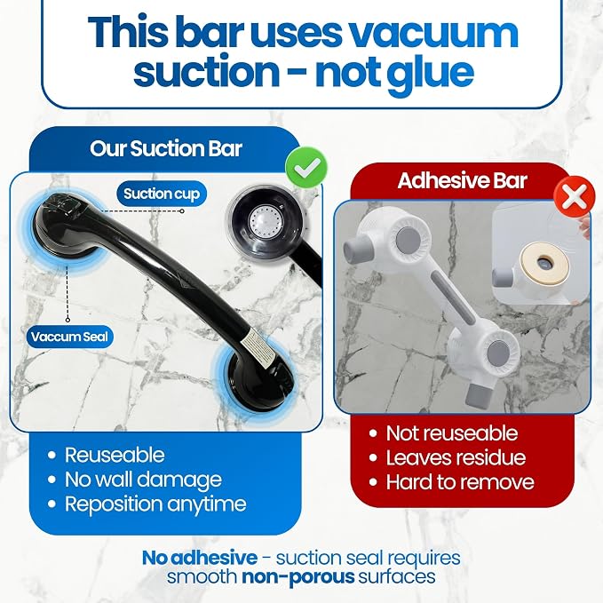Safe-er-Grip Changing Lifestyles Suction Cup Shower Grab Bar 16 Inch Safety Assist Handle for Bathtub and Shower No Drill Portable Balance Support Non Slip Grip Black