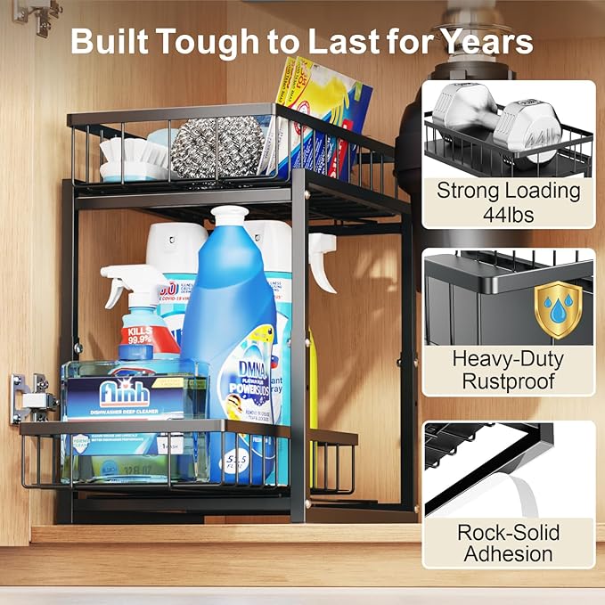 iSPECLE Under Kitchen Sink Organizer - 2 Tier Pull Out Under Sink Storage for Centered Garbage Disposal, Reach Back Items Easily Adjustable Shelf Height Heavy Duty H-Frame for Bathroom Sink Bases
