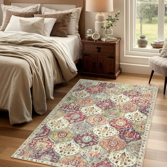 Lahome Moroccan Machine Washable Rugs for Living Room, 4x6 Rug for Bedroom Non-Slip Vintage Trellis Ultra-Thin Throw Carpet for Dining Room Office Nursery Elise, Orange/Terracotta