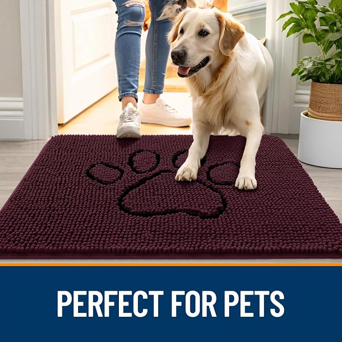 OLANLY Dog Door Mat for Muddy Paws 30x20, Paw Print Design, Absorbs Moisture and Dirt, Absorbent Non-Slip Washable Doormat, Quick Dry Chenille Mud Mat for Dogs, Entry Indoor Entryway Carpet, Russet