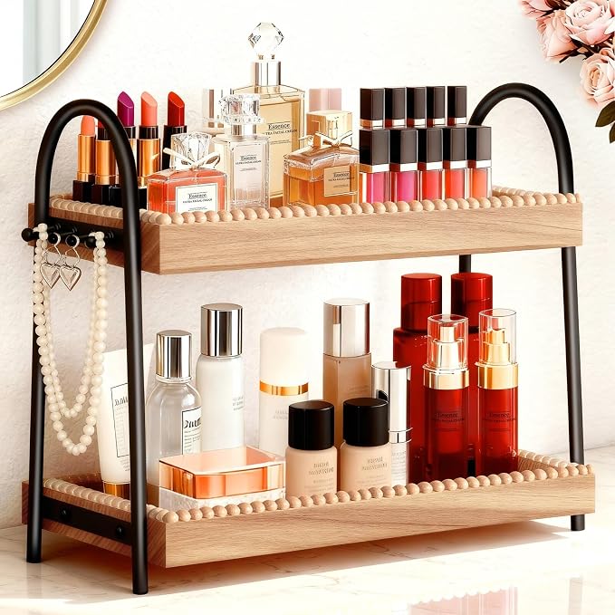2-Tier Vanity Organizer Countertop for Perfume & Makeup, 17.3" Wooden Tray with 8 Jewelry Hooks for Dresser Bedroom, Elegant Skincare Storage Shelf for Women Coffee Bar Kitchen (Light Brown & Black)