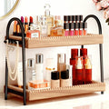 2-Tier Vanity Organizer Countertop for Perfume & Makeup, 17.3" Wooden Tray with 8 Jewelry Hooks for Dresser Bedroom, Elegant Skincare Storage Shelf for Women Coffee Bar Kitchen (Light Brown & Black)