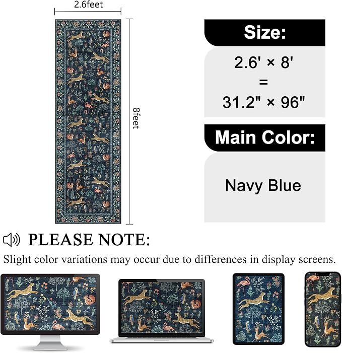 DUKINO 2.6x8 Rug for Hallway, Washable Kitchen Runner Rug with Non Slip Backing, Soft Low Pile Vintage Animal Runner for Bedroom, Kitchen, Hallway, Entryway, Laundry, Navy Blue