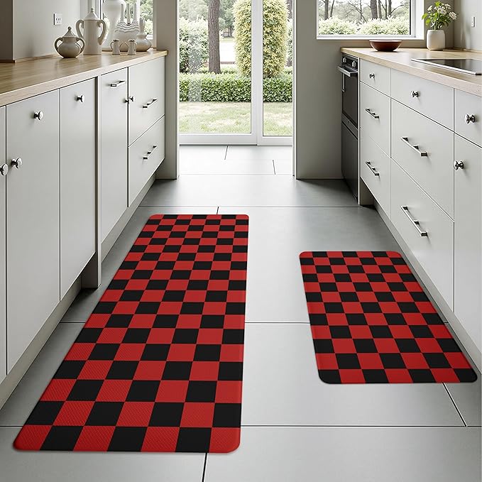 Black Red Christmas Checkered Grid Checkerboard Kitchen Rug Sets [2 PCs], Anti-Fatigue, Waterproof Non-Slip Kitchen Mats Heavy Duty Comfort Foam Rug for Kitchen, Floor, Laundry,17"x29"+17"x47"