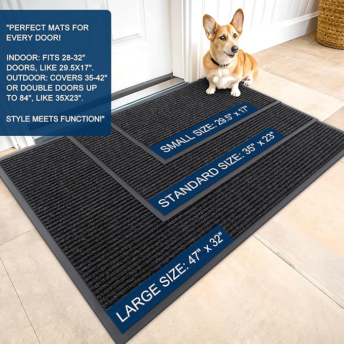 OLANLY Front Door Mat Indoor Outdoor Entrance, 2-Pack 29.5 x 17 Inch, Waterproof Heavy Duty Doormat, Fade Resistant, Low Profile, Easy Clean Patio Porch Welcome Floor Mats for Entry, Off-Black