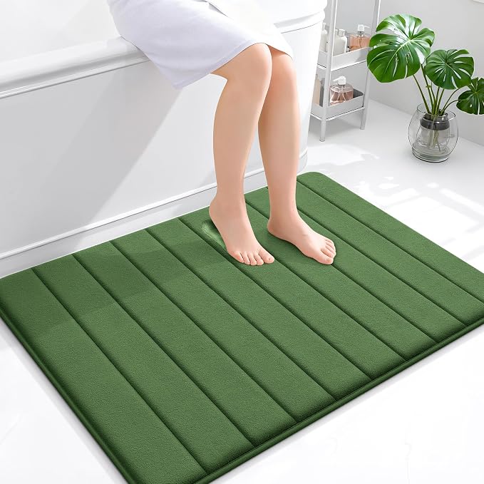 OLANLY Memory Foam Bath Mat 40x32, Super Soft Absorbent Bathroom Rugs, Quick Dry, Machine Washable Shower Floor Rugs, Bathmat Carpet, Bathroom Home Decor Accessories, Olive Green