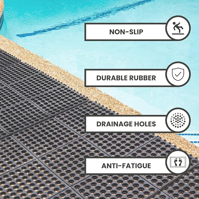 Envelor Interlocking Rubber Floor Tiles with Drainage Holes Anti Fatigue Garage Floor Mat Non Slip Wet Area Mat for Bar, Kitchen, Restaurant, Outdoor, Modular Snap Together 4-Pack, 36 x 36 inches