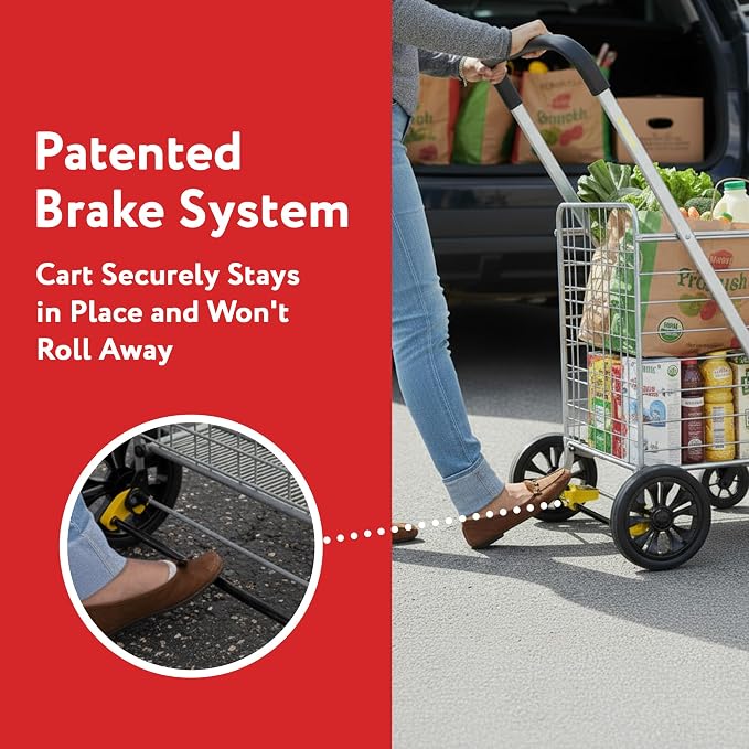 dbest Products Cruiser Cart Deluxe 2 - Foldable Shopping Cart with Wheels & Brake System - Heavy Duty Collapsible Utility Cart for Groceries & Laundry - Holds 100 lbs - Silver, Alloy Steel