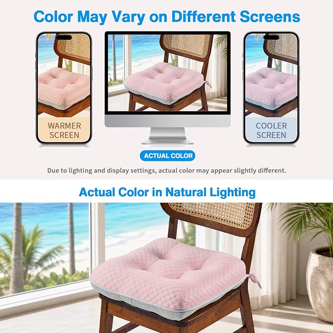 BETU Chair Cushions for Dining Chairs Set of 4,Seat Cushion Kitchen Table Chair Pads with Ties,Non Slip Backing and Covers, Seat Cushions for Dining Room,Bar,Patio Chairs,15.5"X15.5"X3.5",Pink