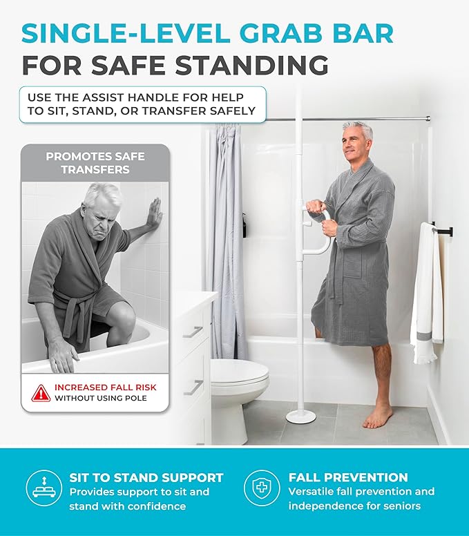 Stander Wonder Pole, Security-Pole and Curve Grab Bar, Tension Mounted Floor to Ceiling Transfer-Pole for Seniors, Elderly Adults, Bathroom Safety Assist and Stability Rail, White