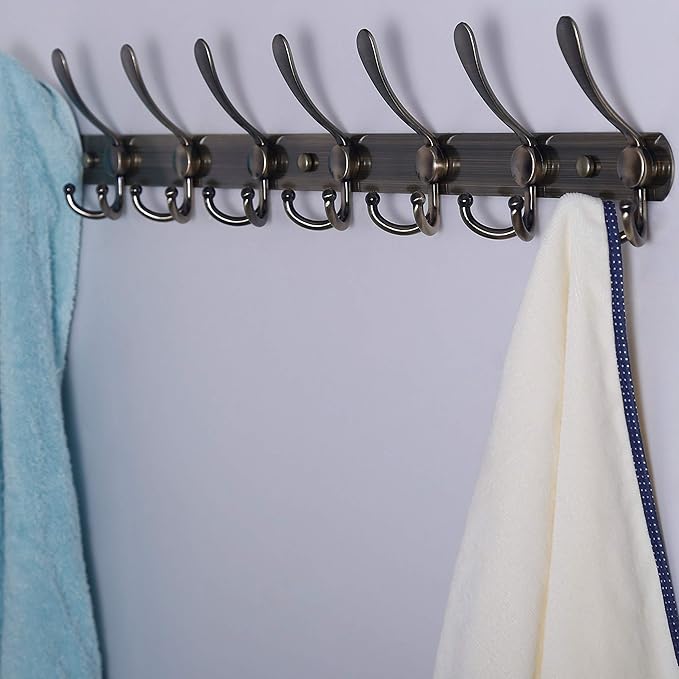 Dseap Coat Rack Wall Mount - 29.5” Long 8-Tri-Hooks Heavy Duty Coat Hanger Rail Wall Hooks for Hanging Coats Hats Clothing Clothes Purse Mudroom Entryway, Bronze, Pack of 2