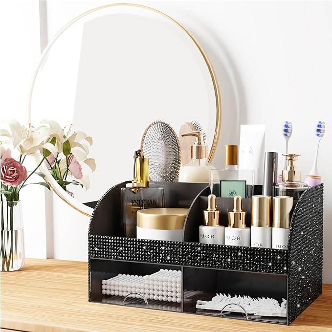 Bling Makeup Organizer with Drawers, Cosmetic Storage for Dresser Vanity and Bathroom Countertop, Beauty Holder for Lipstick Brush, Skincare Organizer for Vanity, Cosmetic Display Case Bling Black