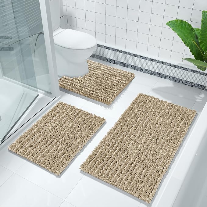 Yimobra Bathroom Rugs Non Slip Washable 24x17 Inch - Ultra Soft Absorbent Chenille Bath Mat, Quick Dry Shaggy Floor Carpet for Tub Shower, Camel Home Decor Accessories