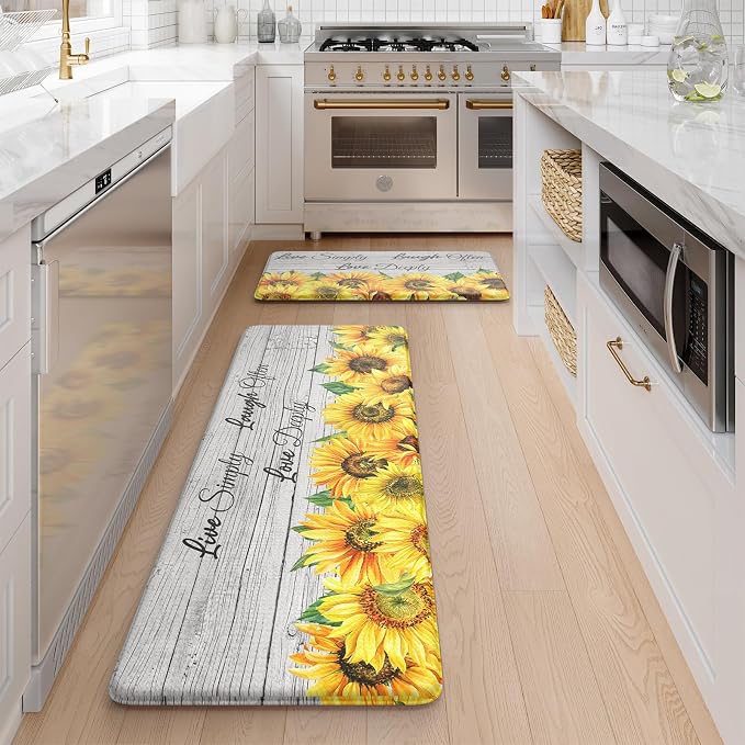 KIMODE Anti Fatigue Kitchen Mat, Farmhouse Sunflower Kitchen Rugs Sets of 2, Kitchen Floor Mats Non-Slip Cushioned, Comfort Kitchen Mats for Floor Sink, Laundry, Desk White 17"x47"+17"x29"