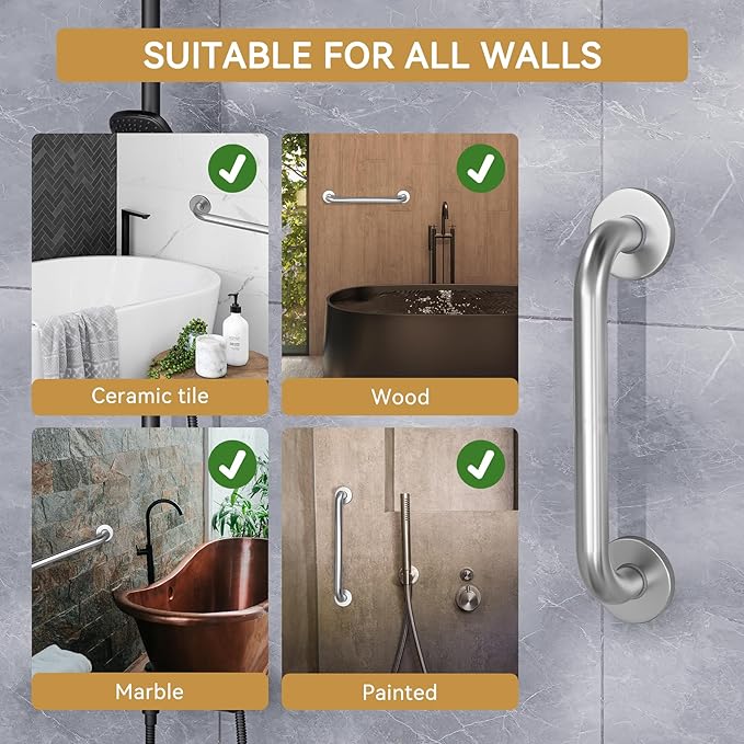 AmazerBath Shower Grab Bars for Bathtubs and Showers, Handicap Grab Bars for Shower Anti Slip, Shower Grab Bars for Senior for Wall Stainless Steel, Holds up to 500LBs, 12" L x 1" D, Brushed Nickel