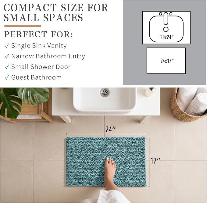 Yimobra Bathroom Rugs Non Slip Washable 24x17 Inch - Ultra Soft Absorbent Chenille Bath Mat, Quick Dry Shaggy Floor Carpet for Tub Shower, Teal Blue Home Decor Accessories