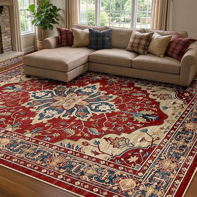RELEANY Area Rugs 8'x10' Washable Non-Slip, Floral Vintage Distress Medallion Carpet for Living Room Bedroom Dining Room, Red Blue