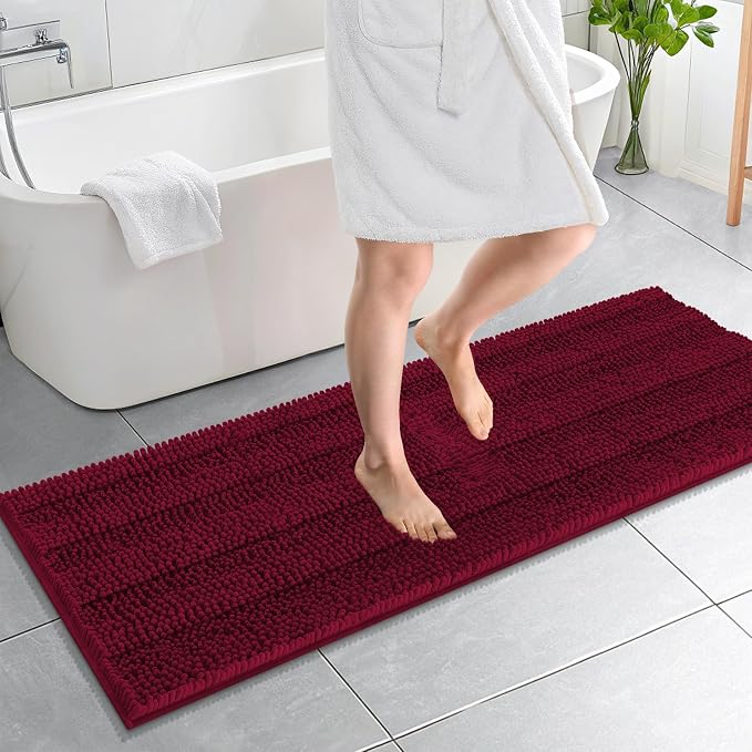 OLANLY Thick Bathroom Runner Rugs 59x20, Absorbent Chenille Striped Bath Rugs, Rubber Backing, Machine Wash, Extra Long Bath Mats for Bathroom Floor, Tub and Shower, Home Decor Accessories, Burgundy
