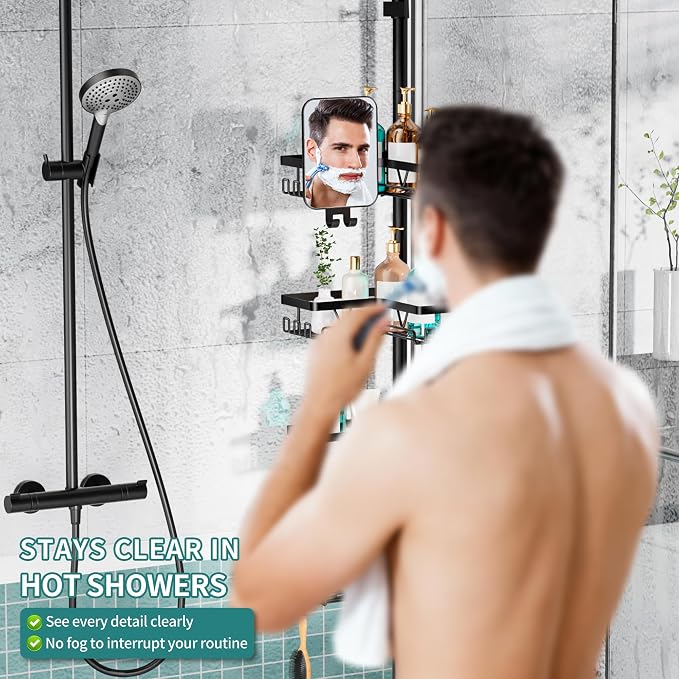 KEGII Shower Caddy Tension Pole - Adjustable Rustproof Corner Bathroom Organizer with Fogless Shower Mirror, 25–114.2 Inch No-Drill Bathroom Storage, Black