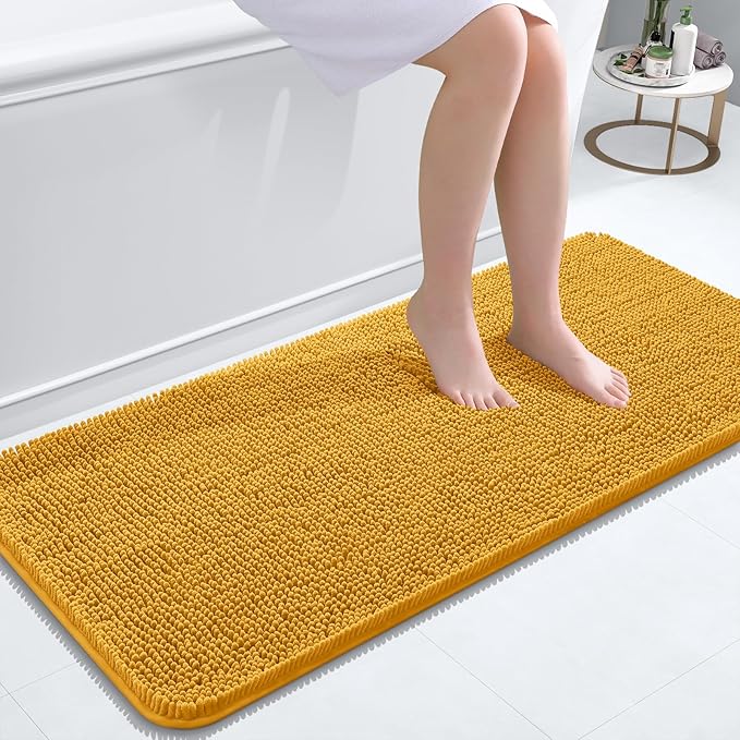 OLANLY Bathroom Runner Rugs 47x20, Soft Absorbent Chenille Bath Rugs, Rubber Backing Quick Dry, Machine Washable Long Bath Mats for Bathroom, Tub and Shower, Home Decor Accessories, Golden Yellow