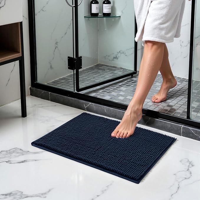 SUBRTEX Bathroom Rugs Chenille Bath Rug Soft Short Plush Bath Mat Soft Shower Mat Water Absorbent Shower Mat Quick Dry Machine Washable(Navy,18" x 24")