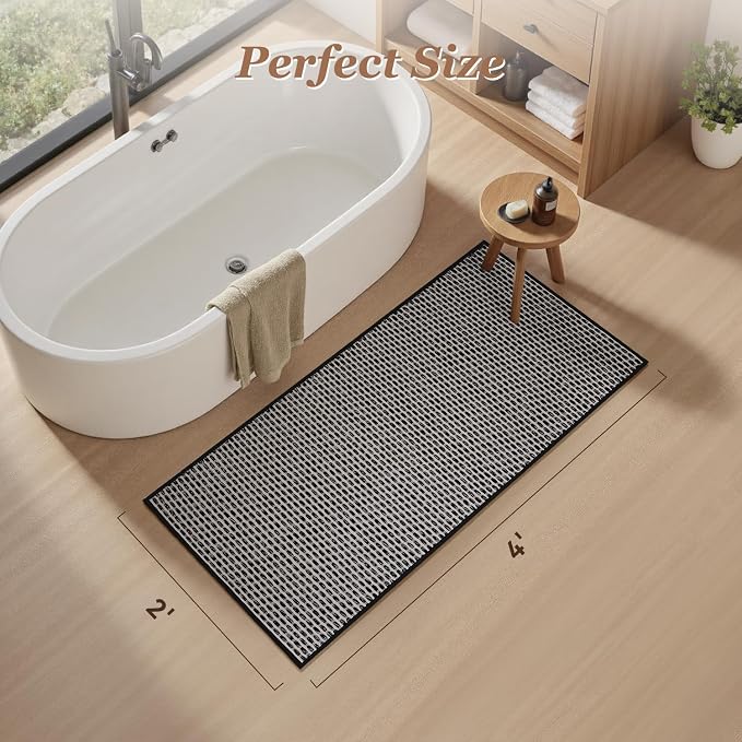 AMOAMI Unique Woven Bathroom Runner Rug, Super Absorbent Non Slip Bath Mats for Bathroom Textured Bathroom Mat Quick Dry Boho Rugs Runners for Hallyways Kitchen Bedroom Beside Tub, 2' x 4', Black