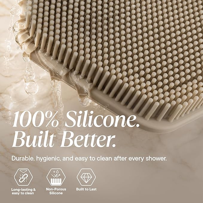 TOOLETRIES Silicone Back Scrubber for Shower, Exfoliating Body & Bath Brush, Long Ergonomic Handle, Non-Slip Grip for Hard-to-Reach Areas, Hygienic Silicone Bath Accessory for Men & Women - Sand