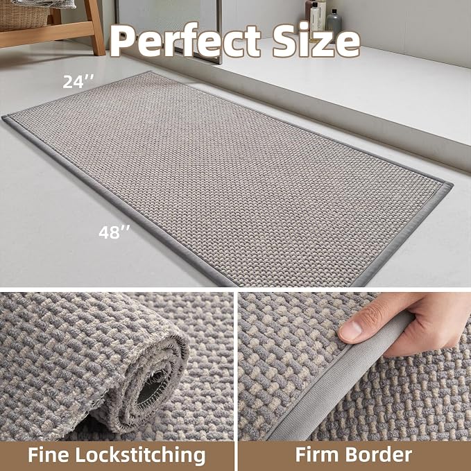 PADOOR-Bath Mat Runner-Super Absorbent Chenille Bathroom Mats-Rubber Backed Bath Mats for Bathroom Non Slip, Easy Clean Bathroom Runner Rugs Front of Bathtub,Shower Room,Sink-24×48, Grey&Beige