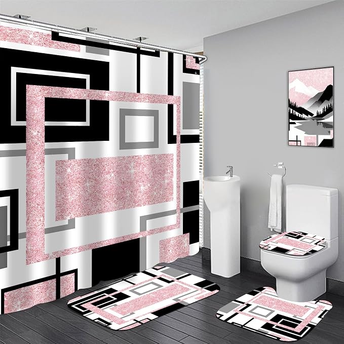 Yddsky 4 Pcs Pink Geometric Shower Curtain Sets Non-Slip Bath Rugs, Bathroom Accessories,Bathroom Sets with Shower Curtain and Rugs, Pink Geometric Modern Bathroom Decor with 12 Hooks